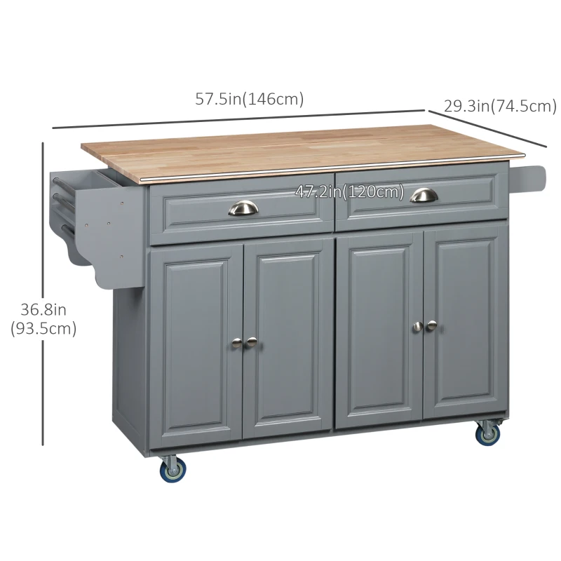 HOMCOM Rolling Kitchen Island on Wheels Utility Cart with Drop-Leaf and Rubber Wood Countertop, Storage Drawers, Door Cabinets, Grey