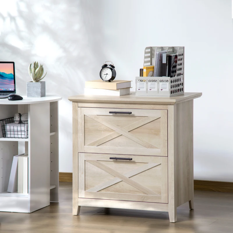 HOMCOM Retro Wooden 2-Drawer Lateral File Chest Cabinet Pedestal for Document Storage with Hanging Bar for Letter/Legal Size, White Oak