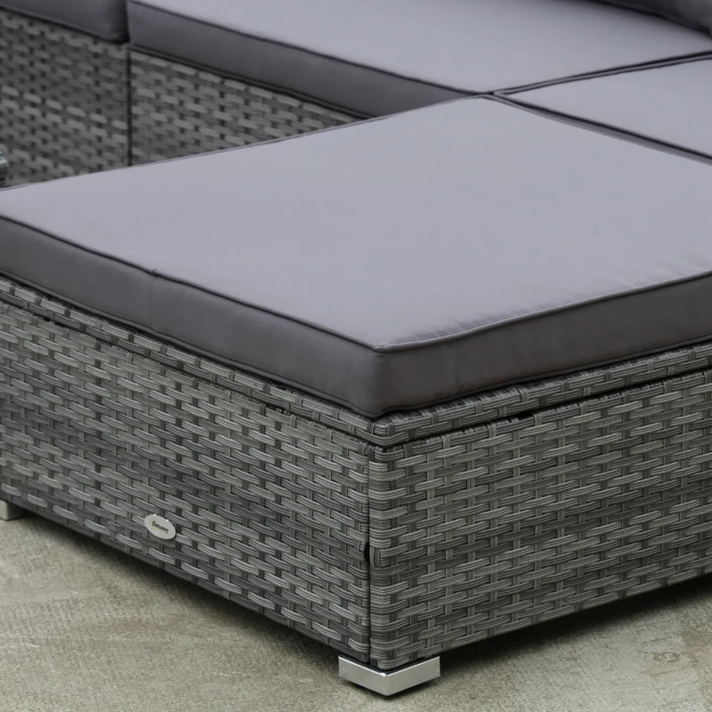 Outsunny Patio Furniture Set, 8 Pieces, Sectional Sofa, All Weather PE Rattan Conversation Set, Tempered Glass Table, 6 Seats, Ottoman Footstool, Cushions for Lawn, Backyard, Gray