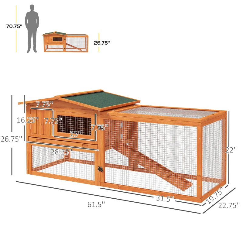 PawHut Rabbit Hutch 2-Story Bunny Cage, Guinea Pig Cage Indoor Outdoor, Small Animal House with Slide Out Tray, for Rabbits, Chickens, Ducks, 61.5" x 23" x 27", Orange