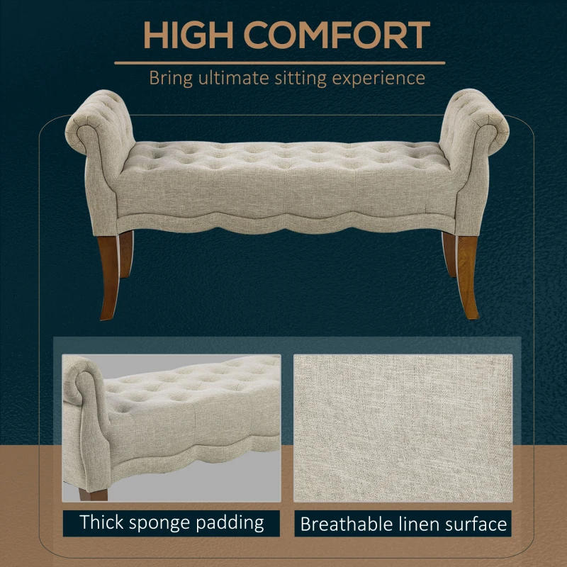 HOMCOM Traditional Style End of Bed Bench, Upholstered Entryway Bench with Button Tufted and Rounded Arm, Beige