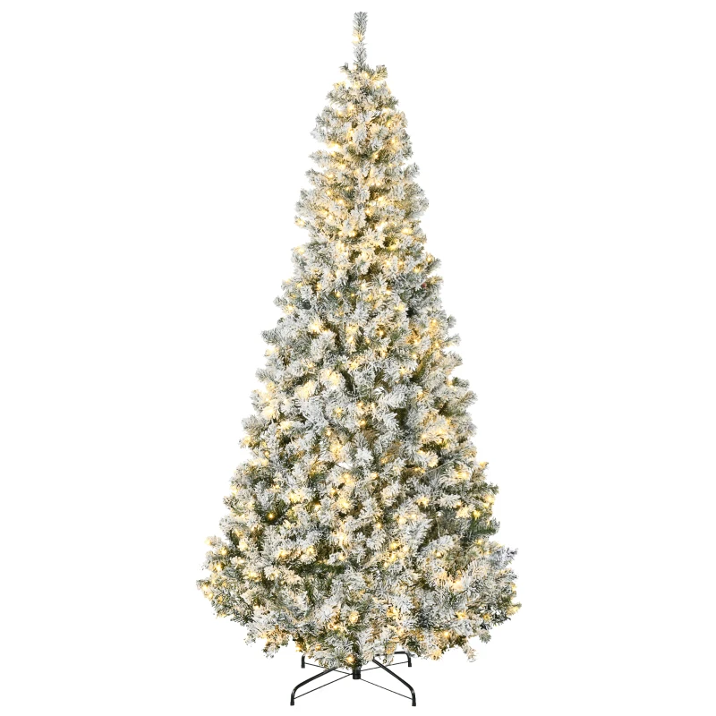 HOMCOM 7.5ft Artificial Prelit Christmas Tree with Warm White LED Light, Snow Flocked Branches, Metal Base, Xmas Tree