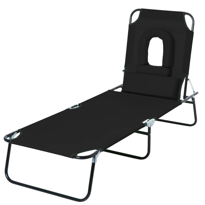 Outsunny Adjustable Outdoor Lounge Chair, Garden Folding Chaise Lounge with Face Hole Reclining Tanning Chair Seat, Folding Camping Beach Lounging Bed w/ Support Pillow, Black