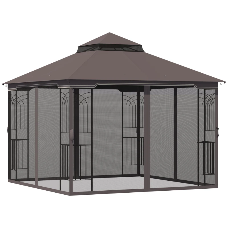 Outsunny 10'x10' Soft-top Patio Gazebo with Double Tier Roof, Mesh Curtains, Display Shelves, Top Hooks, Coffee