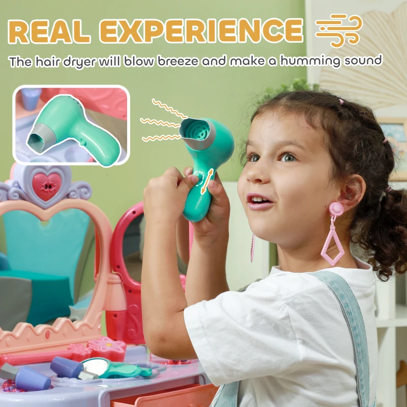 Qaba Kids Vanity Set with Mirror and Stool, Music, Light, Drawer, Hair Dryer, 20 Makeup Accessories, Multicolor