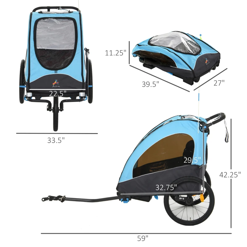 Aosom Child Bike Trailer 3 In1 Foldable Jogger 2-Seater Pushcar Transport Buggy Carrier with Shock Absorber System Rubber Tires Adjustable Handlebar Kid Bicycle Trailer Blue