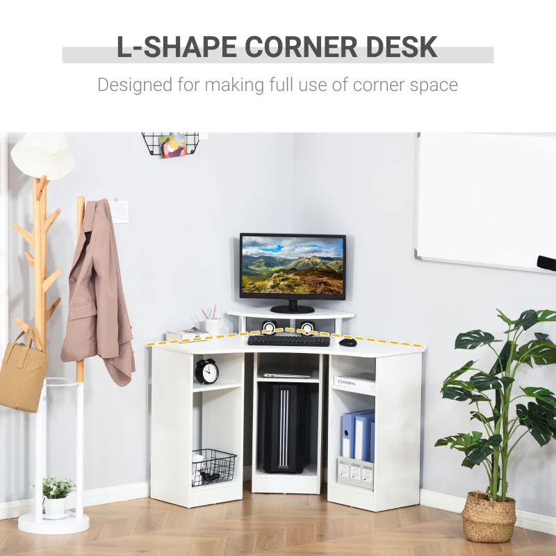 HOMCOM 35" L-Shaped Computer Desk with Monitor Stand and Open Shelves, Home Office Corner Desk Study Workstation for Small Space, White