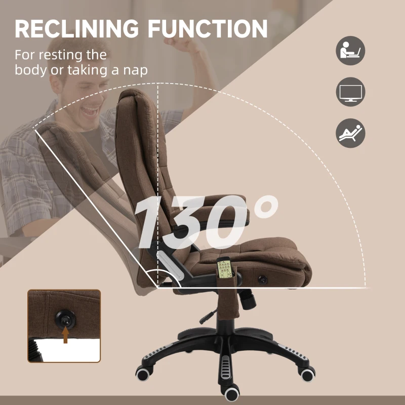 Vinsetto Reclining Massage Office Chair, Executive Office Chair with High Back, Swivel Wheels, Brown
