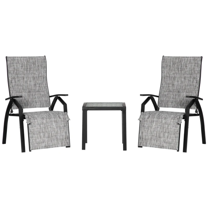 Outsunny Lounger Chair Set of 3 with 7-Level Adjustable Backrest, 5-Level Adjustable Footrest, Patio Chaise Lounge with Glass Top Side Table, Grey