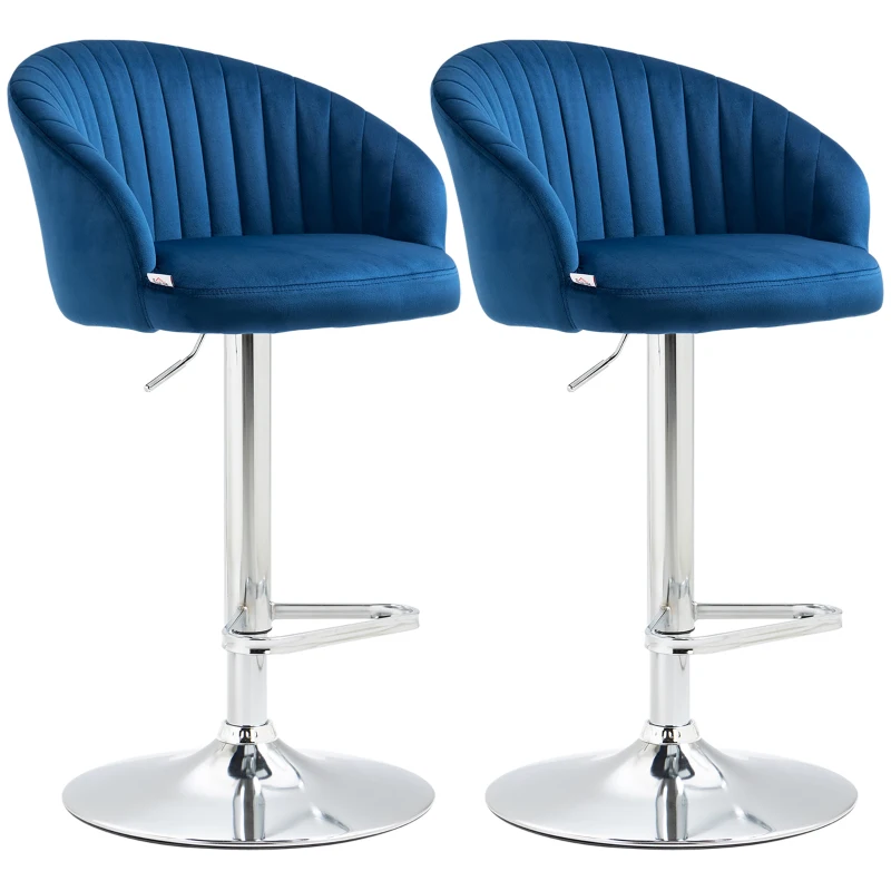 HOMCOM Modern Upholstered Adjustable Barstools with Swivel Seat, Velvet Touch Fabric, Steel Frame, Footrest, ‎Blue