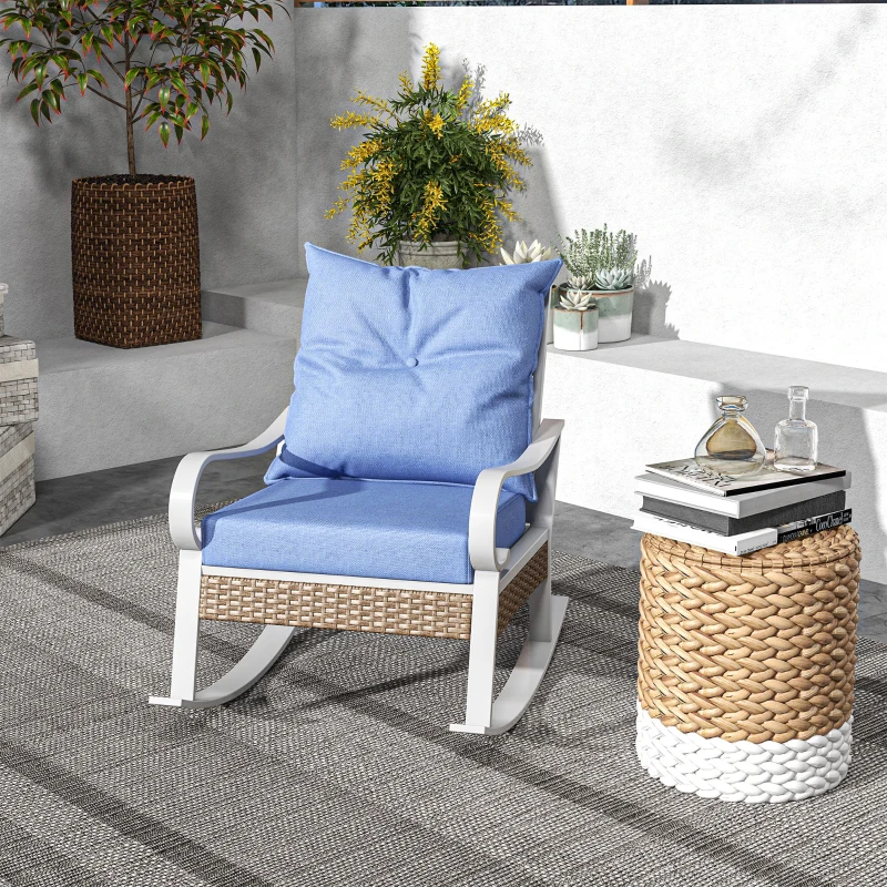 Outsunny Outdoor Rocker, Porch Rocking Chair with Soft Cushion, Rattan Decoration for Garden, Patio, Balcony, Lawn, Light Blue