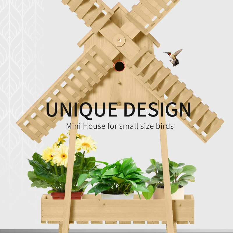 Outsunny Outdoor Plant Stand, 2 Tier Wood Flower Stand with Windmill, Garden Decor Plant Shelf with Built-in Mini Bird House, Great for Indoor/Outdoor