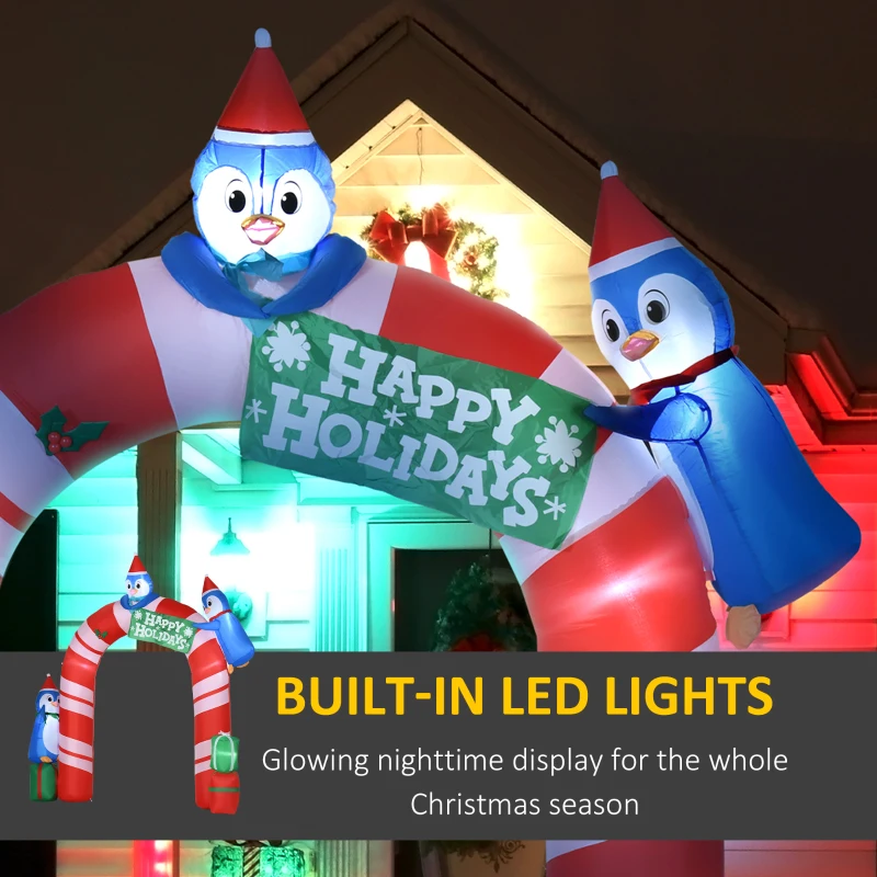 Outsunny 8ft Christmas Inflatables Outdoor Decorations Candy Cane Archway with Three Penguins and Gift Boxes, Blow-Up LED Yard Christmas Decor for Lawn Garden