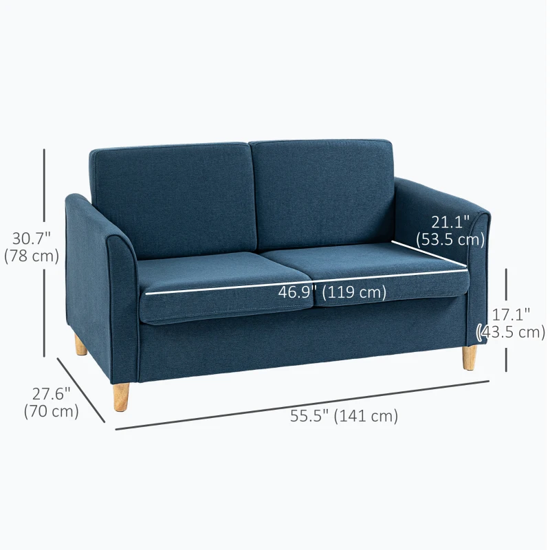 HOMCOM 2-Seat Sofa Two-Seater Couch with Armrests and Wood Legs for Living Room, Bedroom, Blue