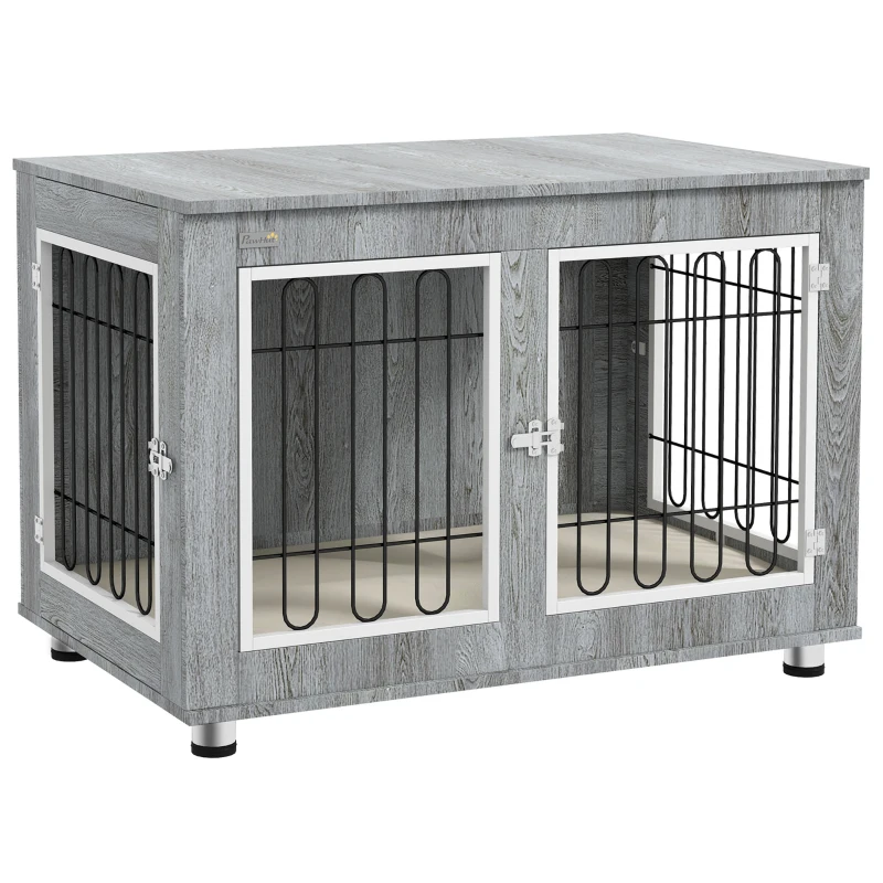 PawHut Pet Crate Side End Table for Indoor Use with Cushion, Double Doors, Grey