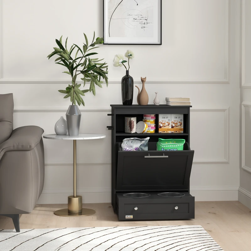 PawHut Pet Feeder Station Storage Cabinet, Dog Food Storage Container with Dog Raised Bowls, Watering Supplies, Black