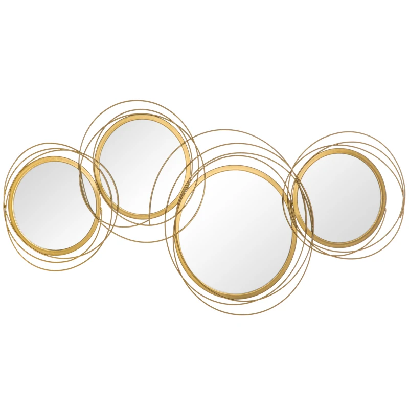 HOMCOM Metal Wall Art Gold Frame Circle Bathroom Mirror Decor Home Hanging Wall Sculptures for Living Room Bedroom Dining Room, 42.25" W x 22" H, Gold