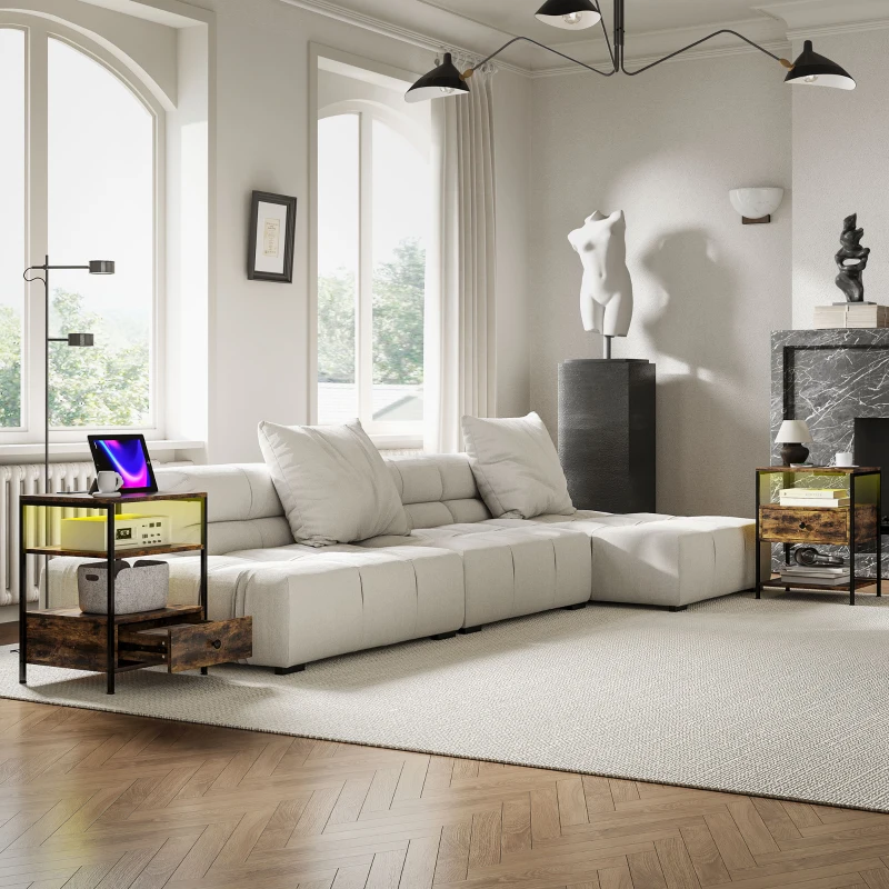 HOMCOM Set of 2 Side Tables with Charging Stations and LED Lights, End Tables with Drawer and Shelves for Living Room, Brown