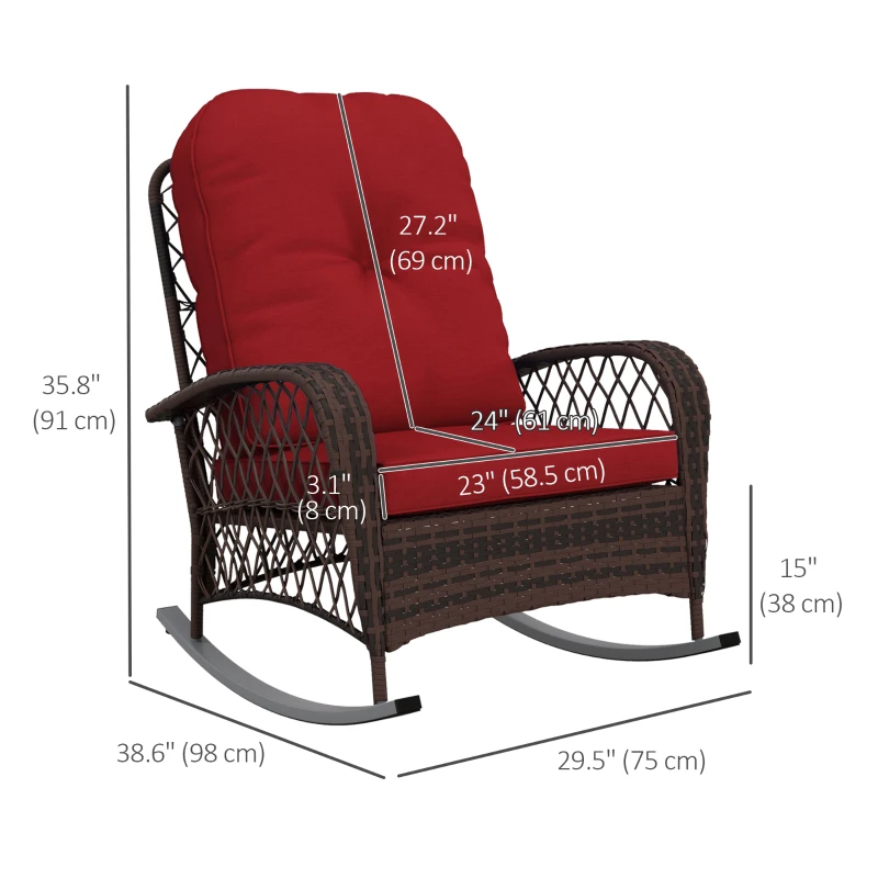 Outsunny Outdoor Wicker Rattan Rocking Chair Patio Rocker with Thick Cushions for Garden Backyard Porch, Red