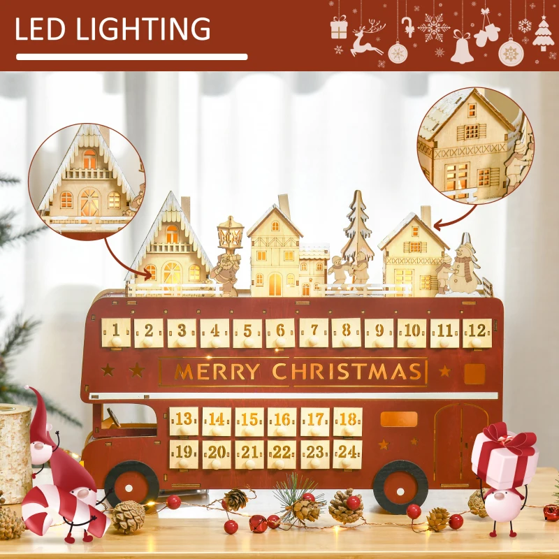 HOMCOM Christmas Advent Calendar, Light Up Table Xmas Wooden Bus Holiday Decoration with Countdown Drawer, Santa Claus Street House, for Kids and Adults
