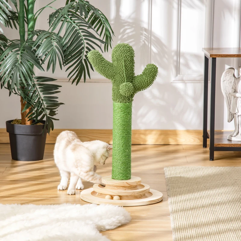 PawHut Cat Scratching Post, Cute Cactus Scratching Post, Nature Sisal Cat Scratcher with Ball Toys for Indoor Cats