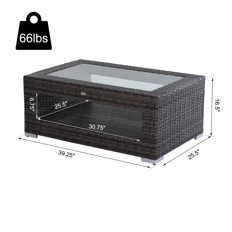 Outsunny 2-Tier Rattan Patio Coffee Table Outdoor Side Table PE Wicker Patio Garden Tea End Desk with Tempered Glass Top & Storage for Balcony, Backyard, Poolside