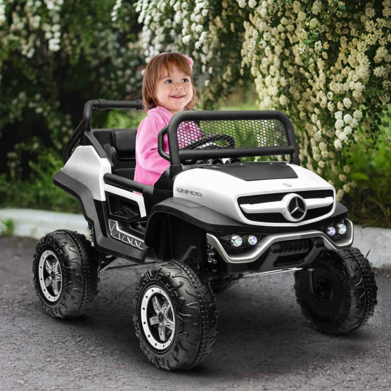 Aosom Kids Ride on Car, Licensed Mercedes-Benz Unimog 12V 7AH Battery Powered Electric Truck with Remote Control, 3 Speed Spring Suspension, LED Lights, MP3, Music, White