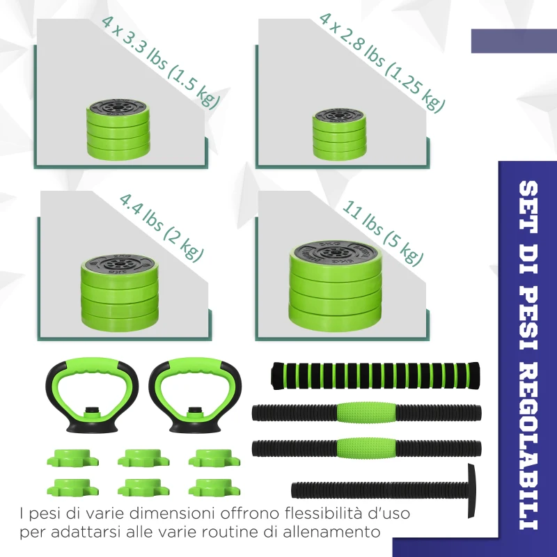 Soozier 88lbs 4-in-1 Adjustable Weight Dumbbell Set, Barbell, Kettlebell, Push Up Stand, Green