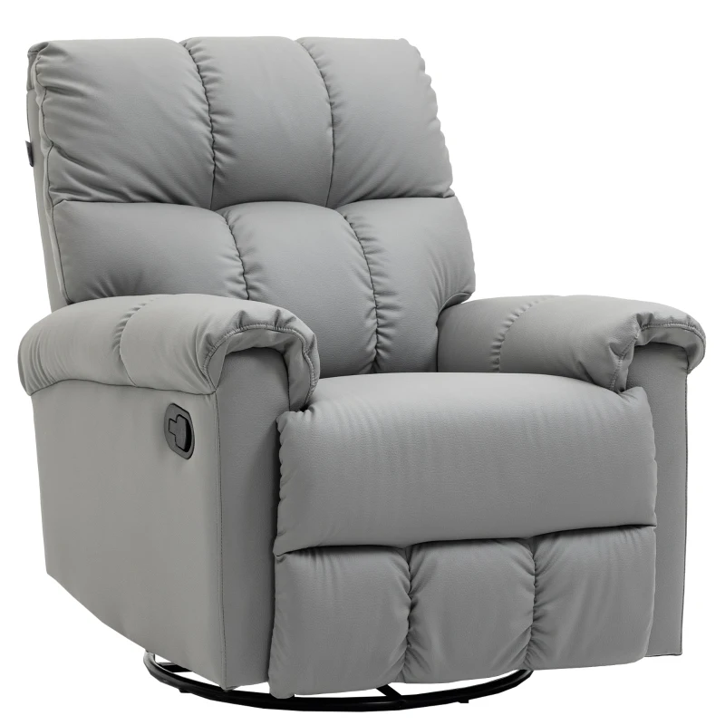 HOMCOM Rocker Recliner Chair with Overstuffed Back and Seat, Faux Leather Manual Reclining Chair with Footrest and 360 Swivel Rotation Base for Living Room, Gray