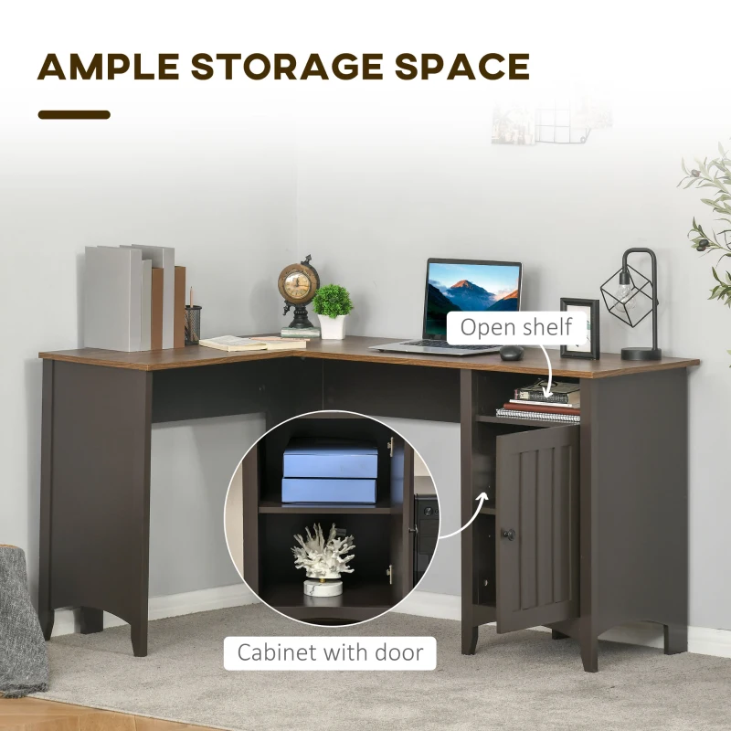 HOMCOM L-Shaped Computer Desk with Open Shelf and Storage Cabinet, Corner Writing Desk with Adjustable Shelf, Coffee