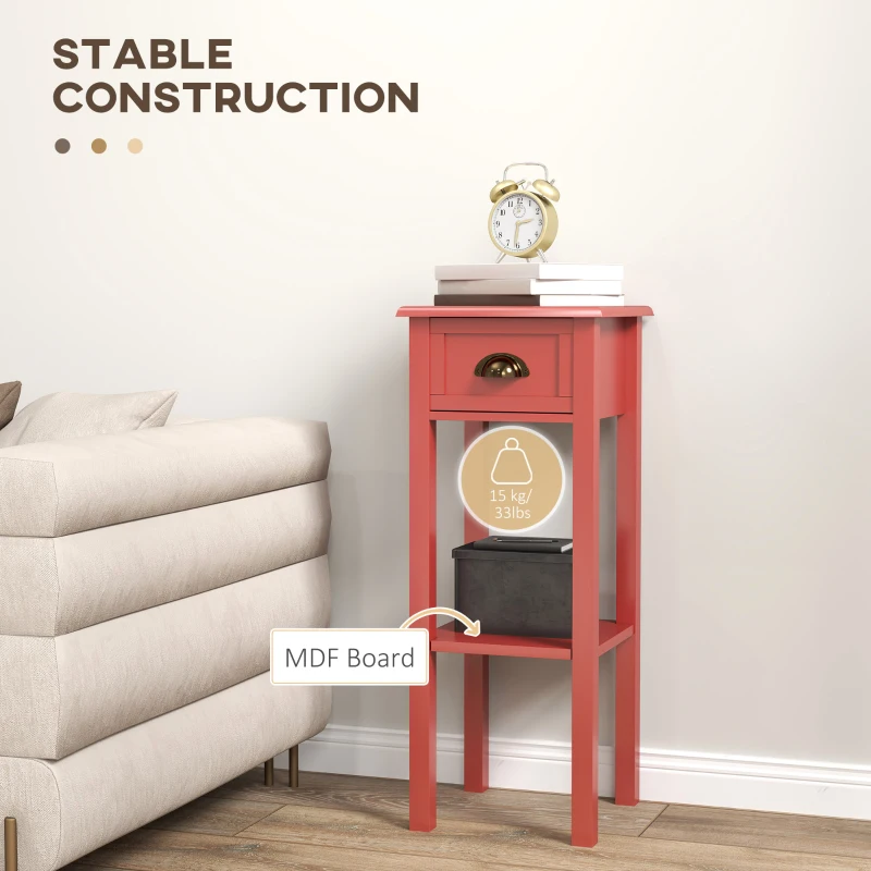 HOMCOM 2-Tier Side Tables Set of 2 with Drawer and Shelf, 2 Pieces End Tables for Living Room and Hallway, Red
