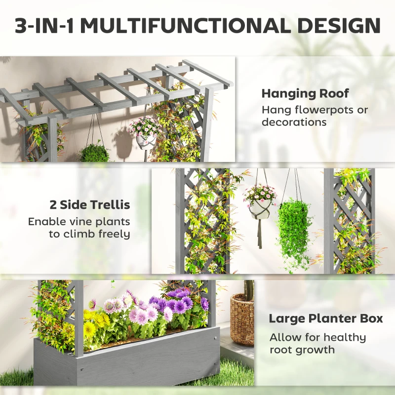 Outsunny Wooden Raised Garden Bed with Trellis, Outdoor Planter Box with Hanging Roof, Drainage Holes and Bed Liner