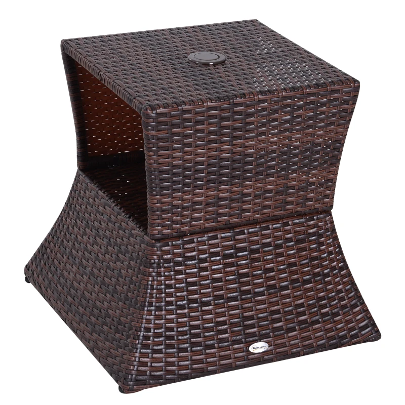 Outsunny Outdoor Side Table with Umbrella Hole, 2 Tier Rattan Wicker End Table with Storage Shelf, All Weather for Outdoor, Patio, Garden, Backyard, Mixed Brown
