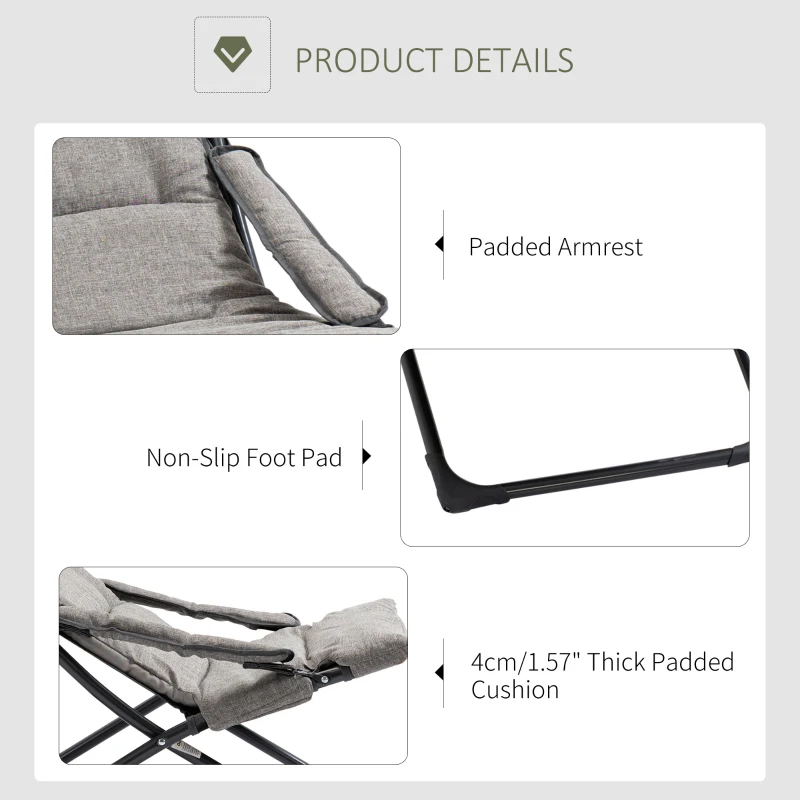 Outsunny Folding Lounge Chair, Mesh Fabric Lounger with Thick Padded Cushion and Armrest, Camping Beach Chair for Poolside, Deck, Backyard, Grey