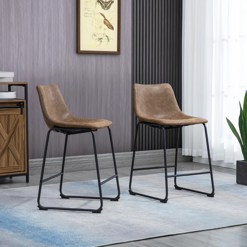 HOMCOM Counter Height Bar Stools, Vintage PU Leather Barstools with Footrest for Dining Room, Home Bar, Kitchen, Set of 4, Brown