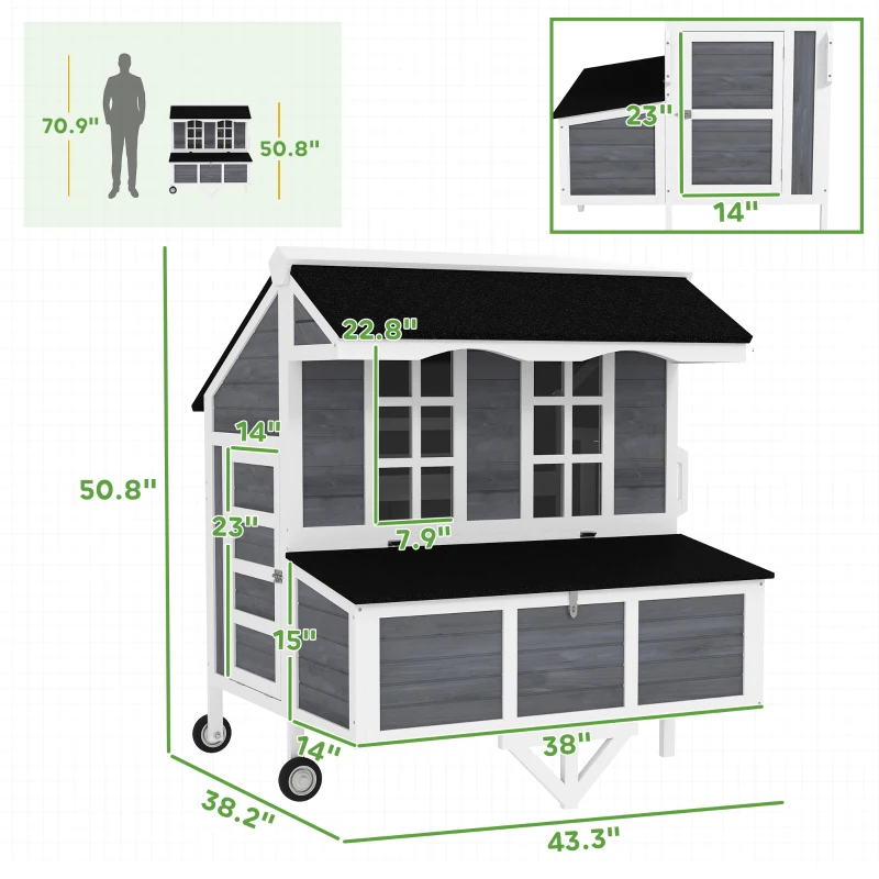 PawHut 43" Chicken Coop with Wheels, Chicken Tractor with Nesting Box, Windows, Pull-out Tray, Perches, for 2-4 Hens, Gray