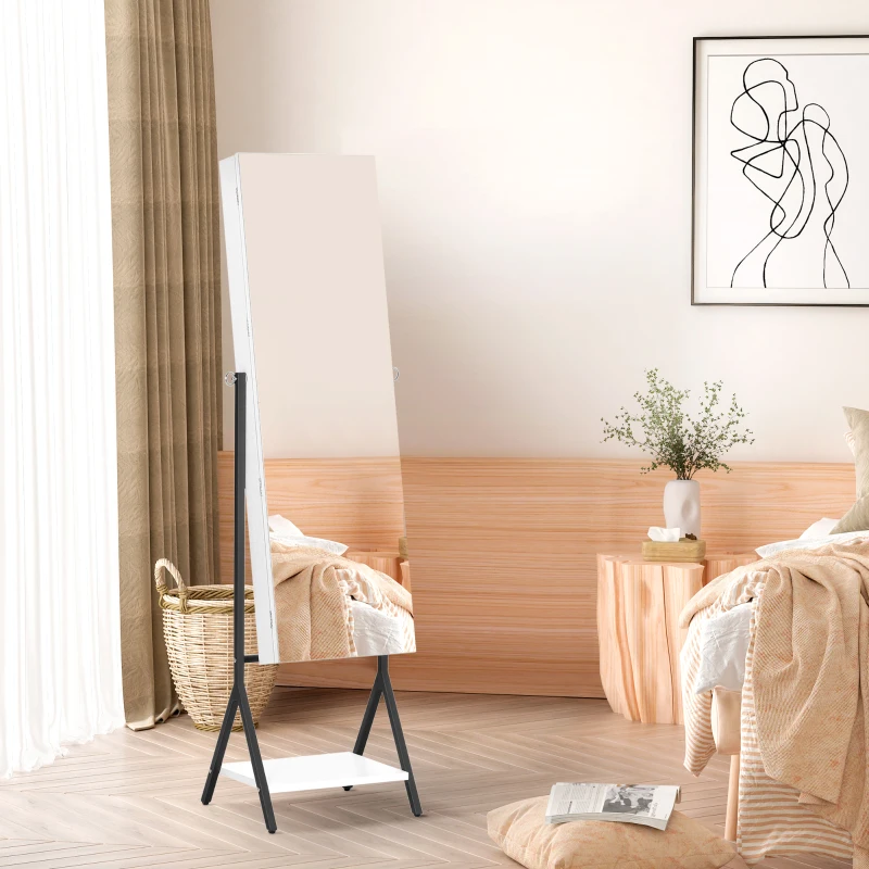 HOMCOM Jewellery Cabinet with Full-Length Mirror and Shelf, Jewellery Armoire, Lockable Storage Organizer for Dressing Room, White