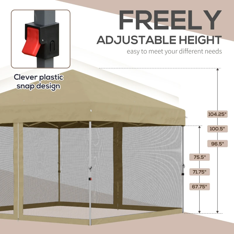 Outsunny 10' x 10' Pop-Up Party Tent Outdoor Canopy Tent with Mesh Sidewalls, 3-Level Adjustable Height, Roller Bag, Khaki
