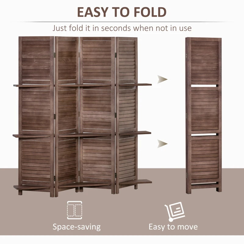 HOMCOM Room Divider, 4 Panel 67" Tall Wood Privacy Screen with 3 Display Shelves, and Folding Storage for Bedroom or Home Office, Walnut