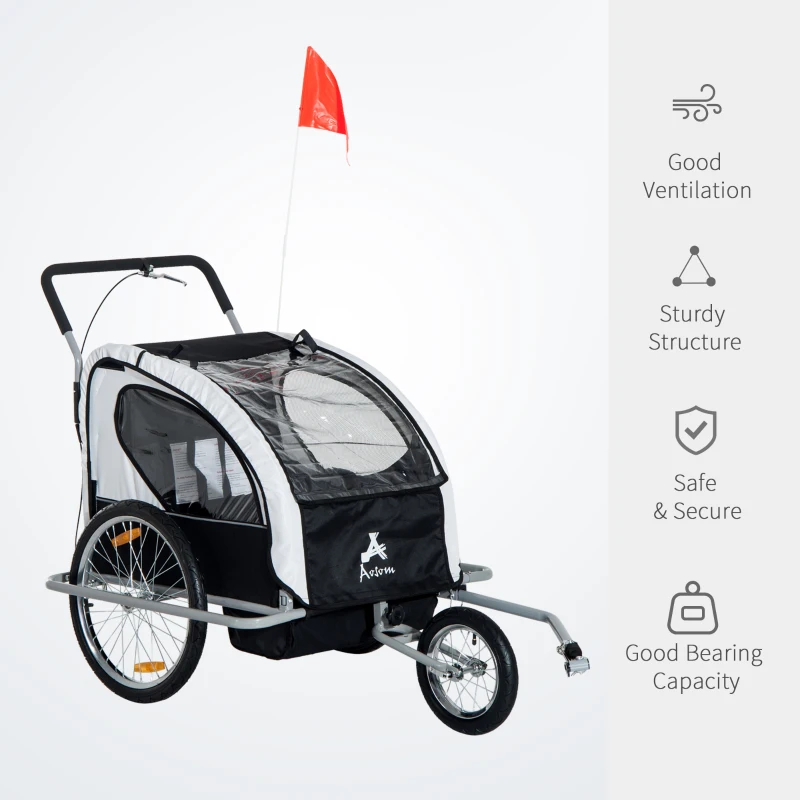 Aosom Elite Three-Wheel Bike Trailer for Kids Bicycle Cart for Two Children with 2 Security Harnesses & Storage, White(m-4)