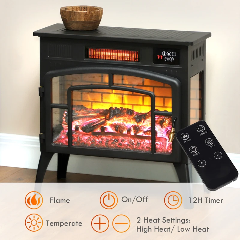 HOMCOM Electric Fireplace Stove, Infrared Fireplace Heater with Realistic Flame & Adjustable Temperature, 1500W, Black
