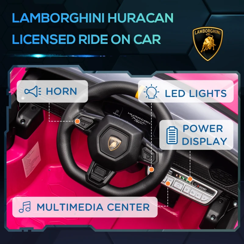 Qaba 12V Lamborghini Huracan Licensed Kids Electric Car with Parent Remote Control, Spring Suspension, Transport Wheel, Pink