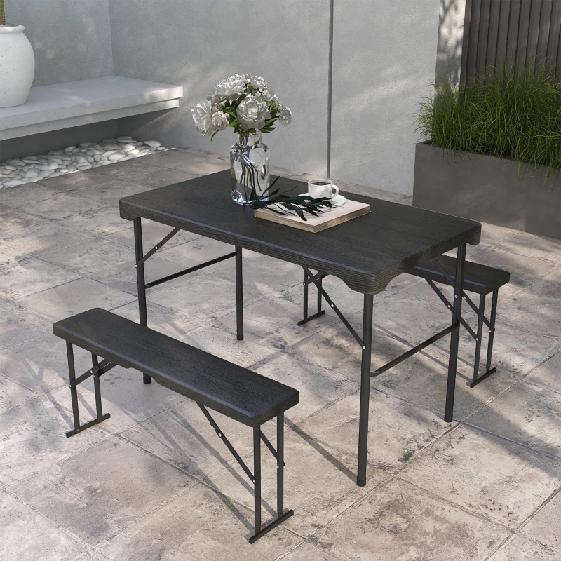 Outsunny Folding Picnic Table with 2 Benches, 3-Piece Portable Outdoor Picnic Table Bench Set for 4, Patio Dining Table Set with Plastic Top, Steel Frame for Garden, Dark Grey