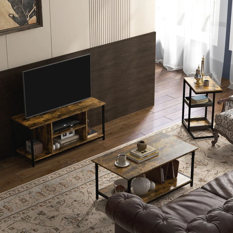 HOMCOM Living Room Furniture Set, Industrial Living Room Tables and TV Stand for 55" TVs, 2-tier Coffee Table and C-shaped Side Table with Storage Shelves, Rustic Brown