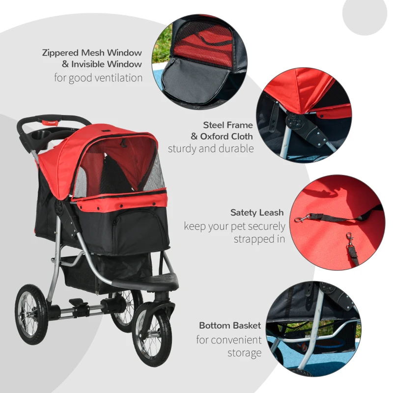 PawHut Luxury Pet Stroller Lightweight Dog Cat Travel Carriage with 3-Rubber Wheels, One-click Folding Design, Adjustable Canopy, Zippered Mesh Window Door, Red