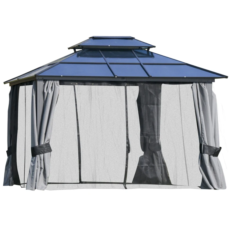 Outsunny 10'x12' Hardtop Patio Gazebo Aluminum Gazebo Canopy with Double Tier Roof, Curtains, Netting Sidewalls, Black & Grey