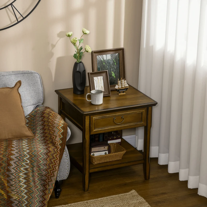 HOMCOM Retro Side Table, End Table with Storage Drawer and Open Shelf for Living Room, Bedroom, Dark Coffee