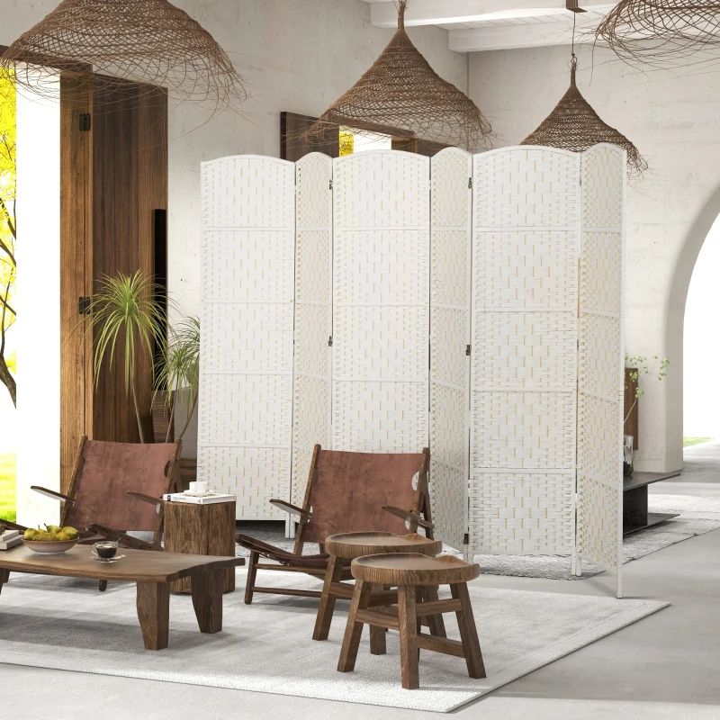 HOMCOM Room Divider, 6 Panel Folding Privacy Screen, 6FT Tall Portable Weave Partition Wall Divider for Bedroom, White