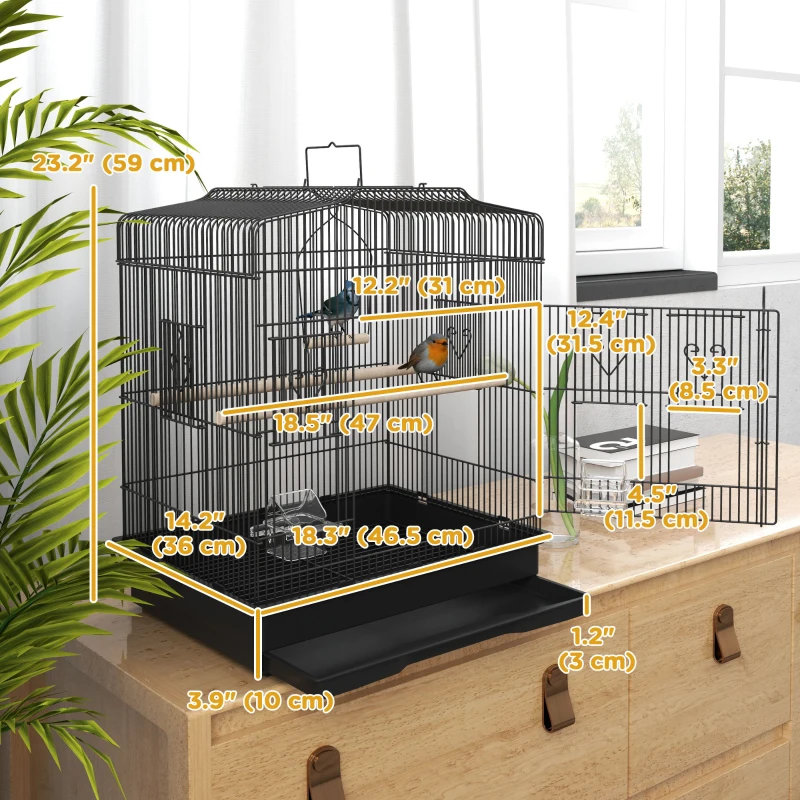 PawHut 23" Bird Cage, Finches Canaries, Parrot Cage with Doors Perches, 2 Feeder Pet Supplies, Black