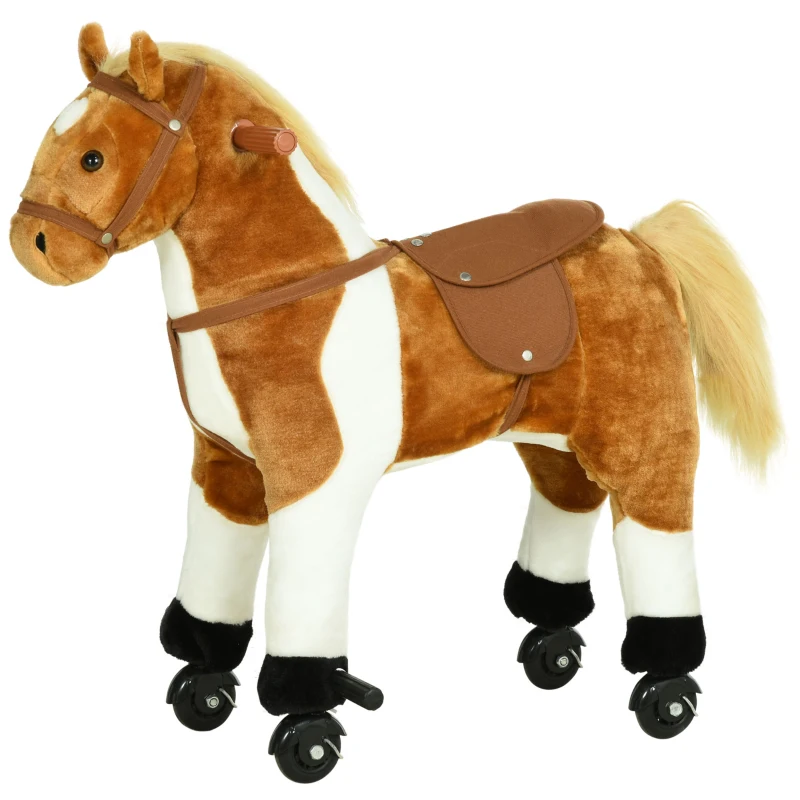 Qaba Kids Plush Ride On Toy Walking Horse with Wheels and Realistic Sounds, 30"H, Brown
